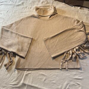 Women's Beige Turtleneck Sweater with Fringe, L